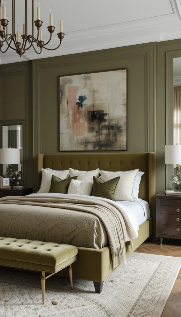 An upholstered olive green bed frame instantly becomes the focal point of the room. Velvet, suede, or even textured boucle adds depth and softness. This approach works especially well if your walls are neutral and you want a bold yet controlled statement. It feels intentional rather than overwhelming. A statement bed in olive green gives the room a designer look without repainting the entire space.