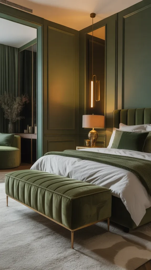 Adding a velvet bench introduces both function and elegance. It creates a natural transition point in the room and provides seating without crowding the layout. The sheen of velvet elevates the entire bedroom aesthetic instantly. I often recommend this for apartment dwellers who want luxury without renovation. Small furniture upgrades can dramatically change the room’s perception.