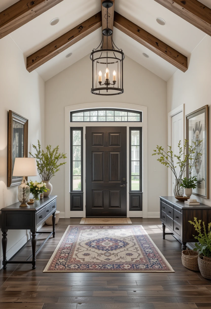 A farmhouse chandelier makes a dramatic first impression. Wood and iron combinations feel balanced and grounded. Even in smaller entries, a scaled-down version can work beautifully. Lighting that makes a statement sets the tone for the rest of your home. A bold light fixture instantly upgrades the entire space.
