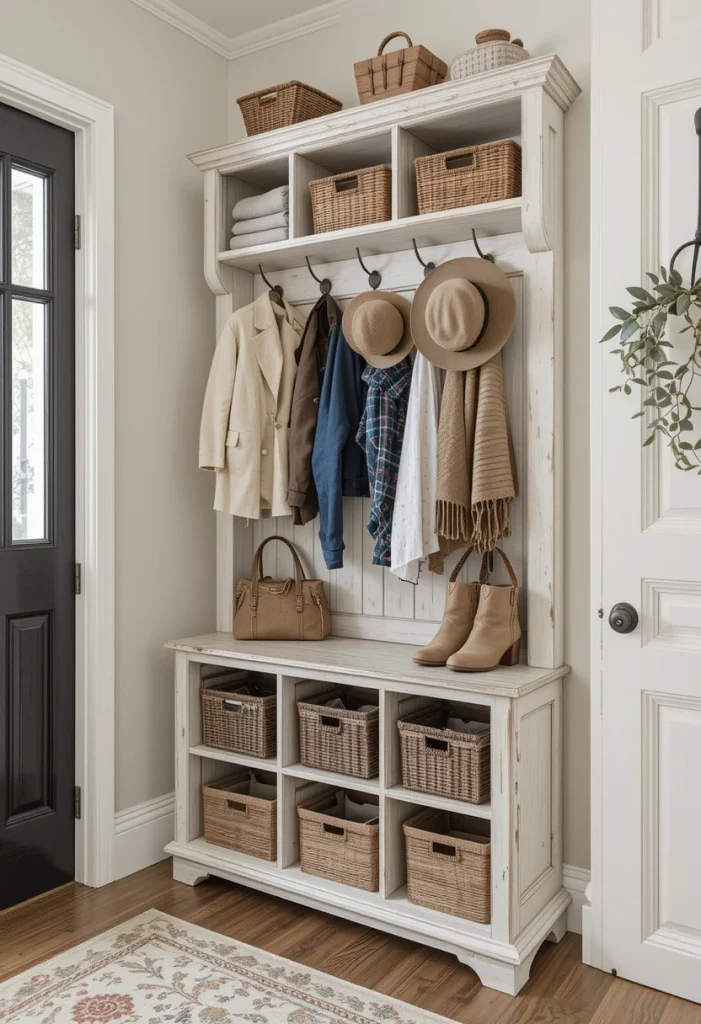 If you’re working with a narrow entry, a vertical hall tree is a smart solution. Hooks keep coats and hats off the floor while cubbies organize shoes or storage bins. The key here is balance—choose a distressed or whitewashed finish to keep it light and airy. In real life, this setup helps prevent morning chaos because everyone knows exactly where their items go. Vertical storage maximizes small spaces while maintaining farmhouse simplicity.