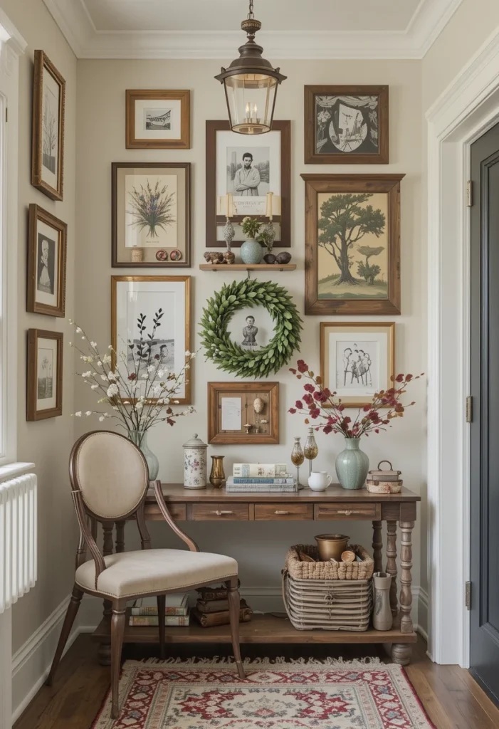 A curated gallery wall makes your entry personal rather than staged. Use mismatched wood frames for that collected-over-time look. Keep the color palette consistent so it doesn’t feel chaotic. This approach tells your story the moment someone walks in. Personal elements make farmhouse spaces feel authentic, not manufactured.