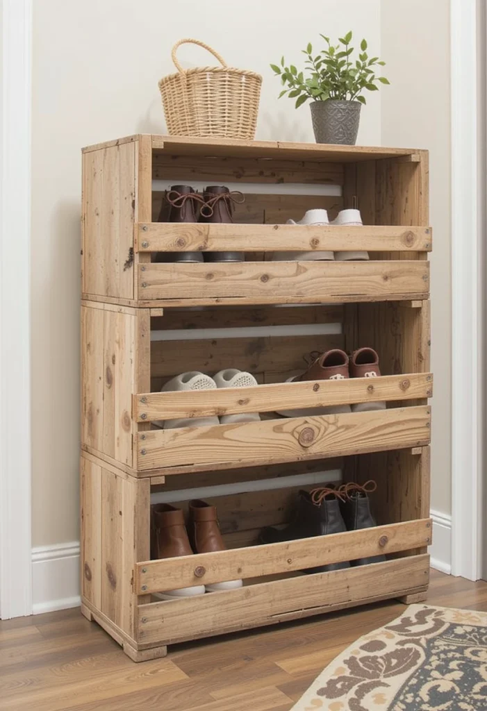 Old wooden crates stacked horizontally can double as charming shoe storage. The slightly imperfect finish gives the space that authentic farmhouse look. You can leave them natural or lightly stain them to match your flooring. This idea works beautifully in relaxed, family-friendly homes where perfection isn’t the goal. Repurposed pieces add personality while staying budget-friendly.