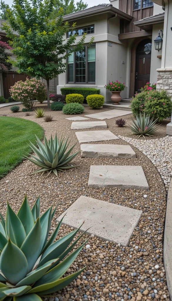 Start by outlining your front walkway with crushed gravel or decomposed granite, which helps with drainage and reflects heat away from plants. Add succulents like agave, aloe, or echeveria spaced evenly for a clean, modern look. Use landscape fabric underneath to control weeds and reduce maintenance. Finish with a few larger statement succulents near the entrance to anchor the design visually. This setup thrives in Zone 9 because succulents love heat, sun, and infrequent watering.