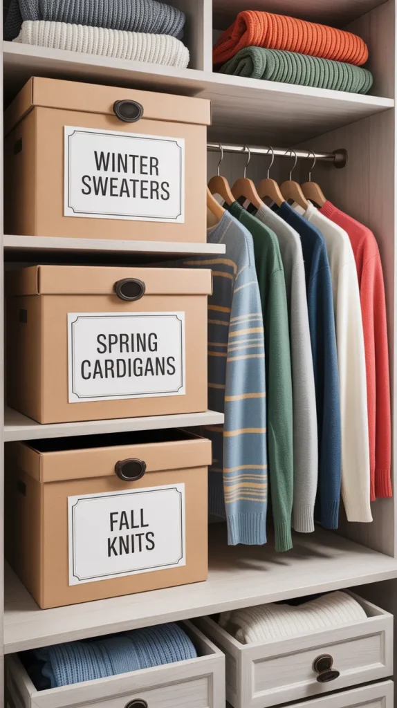 Rotating sweaters seasonally reduces wear and clutter.
Use sturdy garment boxes for off-season storage. Clearly label boxes by season or sweater type. Store boxes in a cool, dry place away from direct sunlight. This system keeps your everyday closet light and manageable.