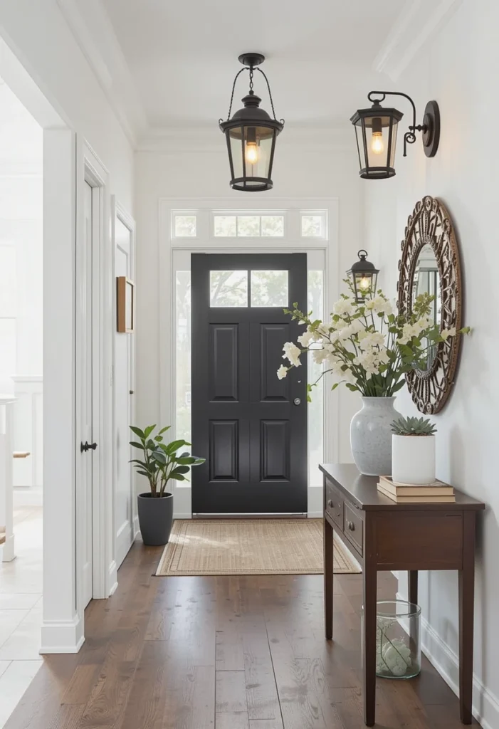 Swap basic lighting for a lantern-style pendant or sconce. Black metal or aged bronze finishes pair beautifully with farmhouse interiors. Lighting sets the tone instantly—soft, warm bulbs enhance the welcoming atmosphere. Proper lighting also improves visibility in busy, high-traffic areas. The right fixture elevates the entire entry without requiring major changes.