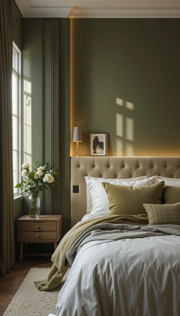 An olive green accent wall instantly anchors a bedroom and creates depth, especially in apartments where space can feel limited. When paired with soft wall sconces or warm LED strip lighting behind the headboard, the color transforms into something incredibly luxurious. The warmth prevents the green from feeling heavy or flat. I’ve seen this work beautifully in city apartments where natural light is limited — the lighting makes all the difference. Warm lighting enhances olive’s richness and creates a boutique-hotel effect.