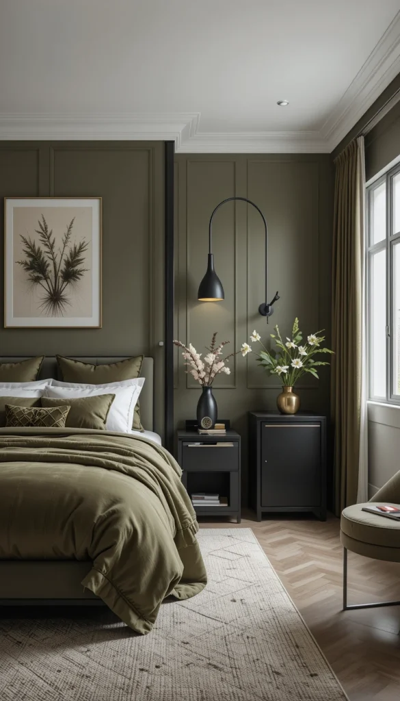 If your apartment leans modern, incorporate matte black hardware or lighting. Black frames or industrial-style pendant lights contrast nicely with olive’s warmth. The result feels bold but balanced. It prevents the space from becoming too traditional. Black adds structure and sharpness to olive’s softness.