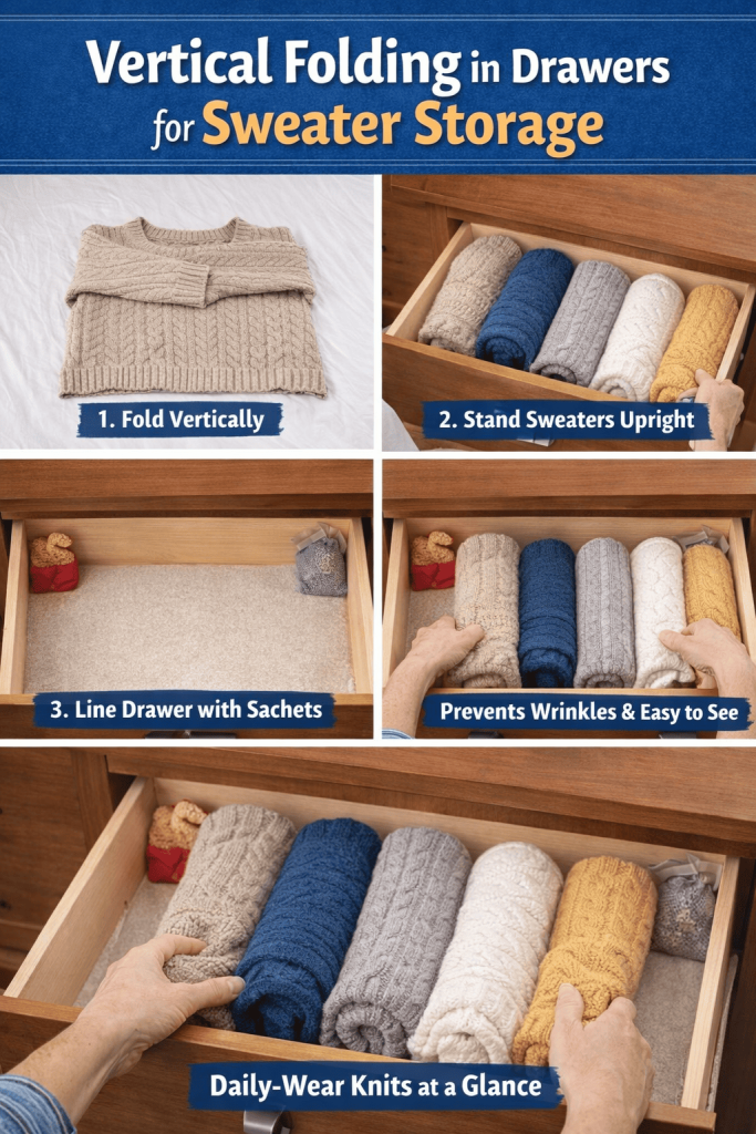Drawers are ideal for protecting sweaters from dust and light.
Use the vertical folding method, similar to file organization, so each sweater stands upright. This prevents wrinkles and makes every sweater visible at a glance. Line drawers with cedar or lavender sachets for natural pest control. It’s especially useful for daily-wear knits you rotate often.
