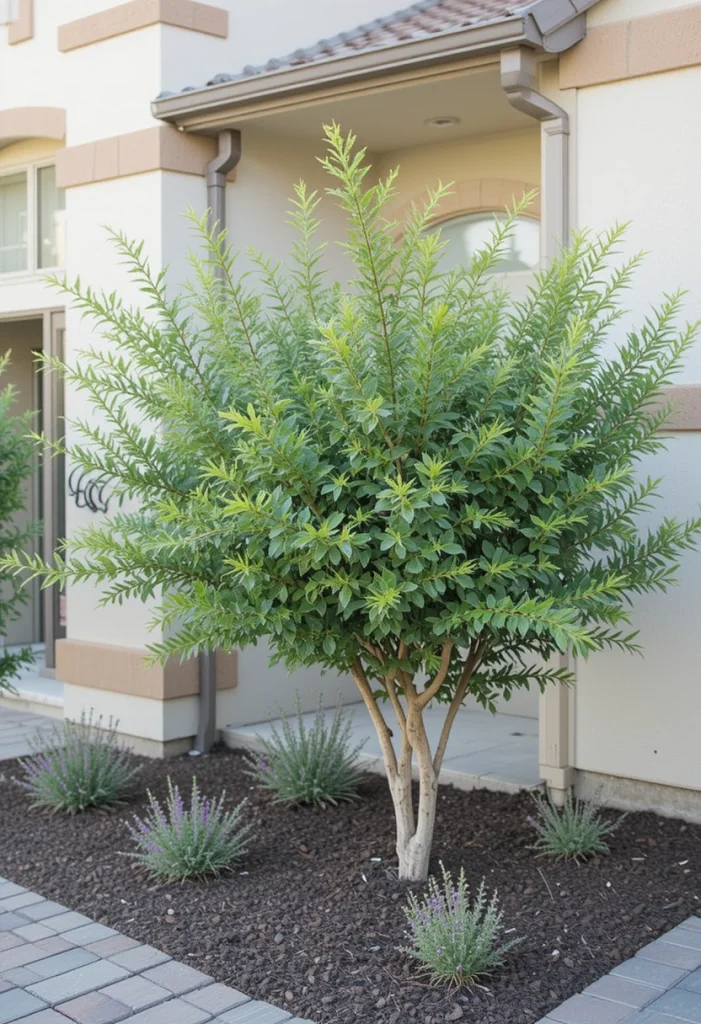 Plant small shade trees like crape myrtle or desert willow near the entry. Position them to block harsh afternoon sun. Add shade-loving plants beneath for layered interest. Mulch deeply to keep roots cool. This setup improves comfort while making your front yard feel inviting and balanced.