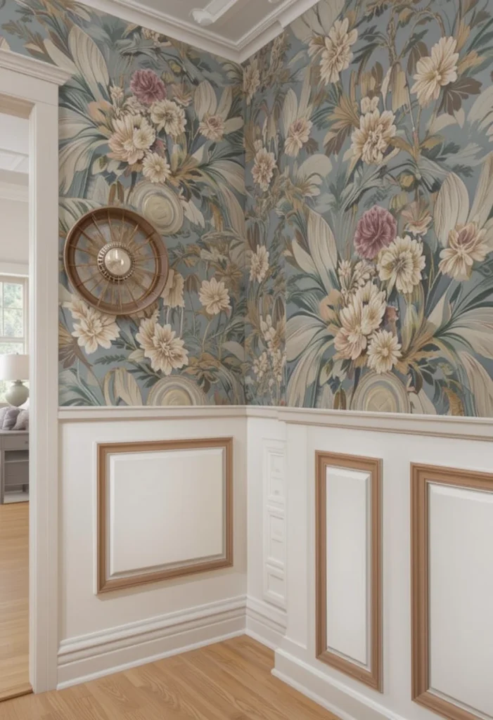 Wainscoting covers the lower half of the wall with wood trim panels. The upper section can remain painted or feature wallpaper for contrast. This design adds visual balance and protects walls from scuffs. It works wonderfully in family-friendly living rooms. The layered look feels both practical and stylish.