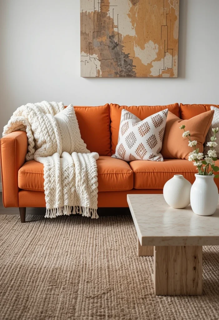 Orange Sofa + Textured Neutrals
Texture changes everything. Add a chunky knit throw in cream, boucle pillows, and a woven jute rug. Choose ceramic decor pieces with matte finishes. Incorporate natural wood or travertine for the coffee table. Keep the palette calm but layered.
Here, the goal isn’t color contrast but material contrast. Texture softens the boldness of orange and makes it feel livable.
