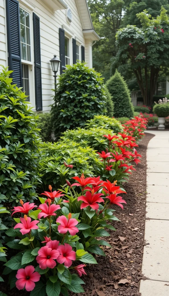 Begin with evergreen shrubs like boxwood or viburnum as your base layer along the house. In front of them, plant tropical accents such as hibiscus or crotons for bold color. Leave enough spacing so air can circulate, which helps prevent mildew in warm climates. Mulch heavily to retain moisture during hot months. This layered approach creates depth and curb appeal without constant replanting.