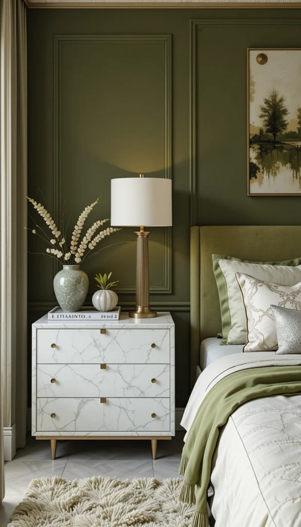 White or cream marble nightstands or decor pieces brighten olive green beautifully. The veining in marble adds movement and subtle drama. Even a small marble tray on a dresser can elevate the room. I’ve noticed that this pairing works particularly well in urban apartments with modern kitchens — it ties the design together. Marble keeps olive green feeling fresh and refined.