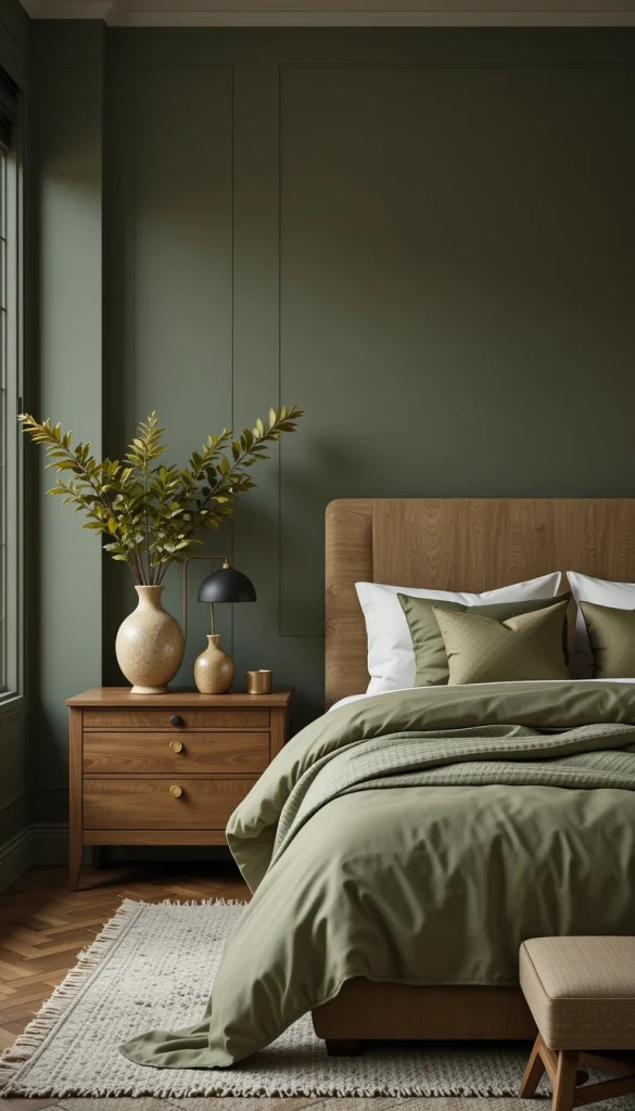 Warm wood furniture softens olive green beautifully. Walnut or medium oak adds warmth and prevents the space from feeling cold. This combination feels organic and timeless. It works especially well in apartments with wood flooring. Natural materials enhance olive’s earthy undertones.