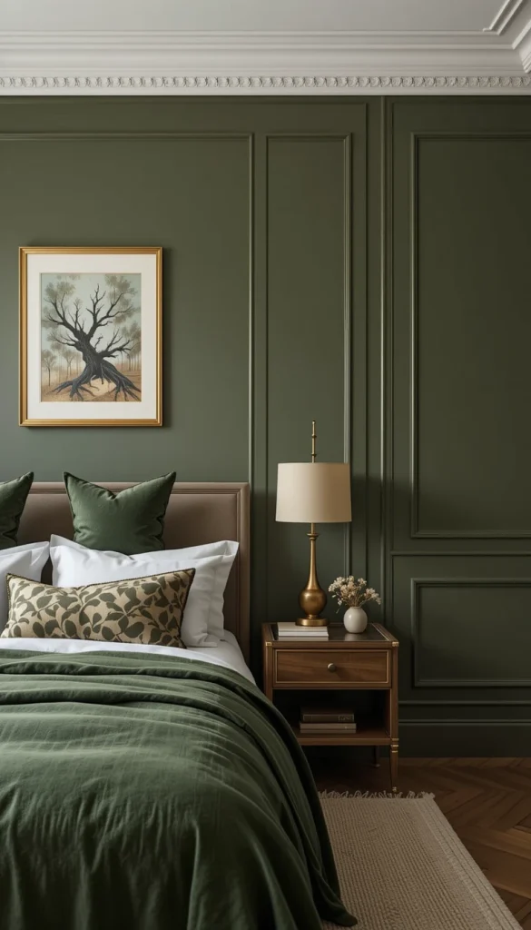 Gold hardware, lamps, or picture frames bring warmth and polish to olive green. The combination feels rich but not flashy when done in moderation. A gold bedside lamp against an olive wall looks curated and intentional. This pairing works especially well in apartments with contemporary finishes. Olive and gold together create an effortless upscale vibe.