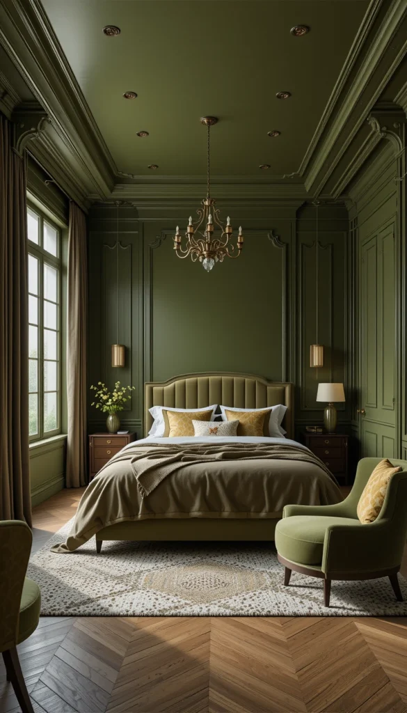 For a dramatic luxury touch, paint the ceiling olive green. It creates a cocoon-like effect that feels intimate and calming. This works best with ample natural light or strong artificial lighting. It’s bold, yes — but in the right apartment, it feels unforgettable. A painted ceiling instantly elevates the design.