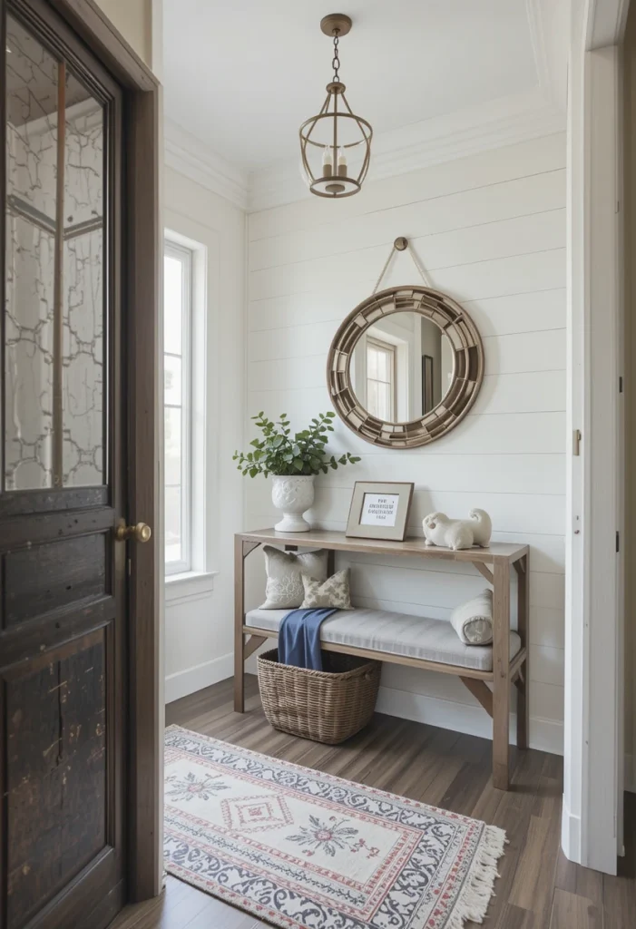 A shiplap wall behind your bench or console table defines the space beautifully. Painted white or soft cream, it brightens even darker entryways. Shiplap adds subtle texture without feeling busy. In many homes, this single upgrade completely transforms the entry from plain to polished. Shiplap is one of the most recognizable farmhouse design elements—and for good reason.