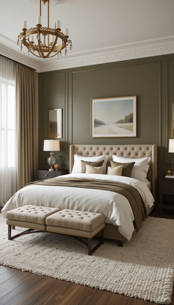 Instead of going full olive, paint one wall olive and keep the rest taupe. This keeps the bedroom bright while still embracing depth. The mix feels layered and intentional rather than heavy. It’s a great solution for renters who want a sophisticated look without overwhelming the space. Balanced color placement keeps small apartments feeling open.