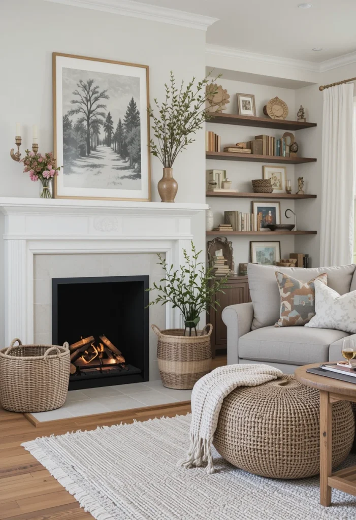 A large, oversized basket can act almost like furniture. Place it next to a fireplace or sectional sofa for a bold, grounded look. Bigger baskets anchor the space and balance larger pieces. They also offer generous storage for bulkier items like extra quilts. Scale matters—go bigger than you think.