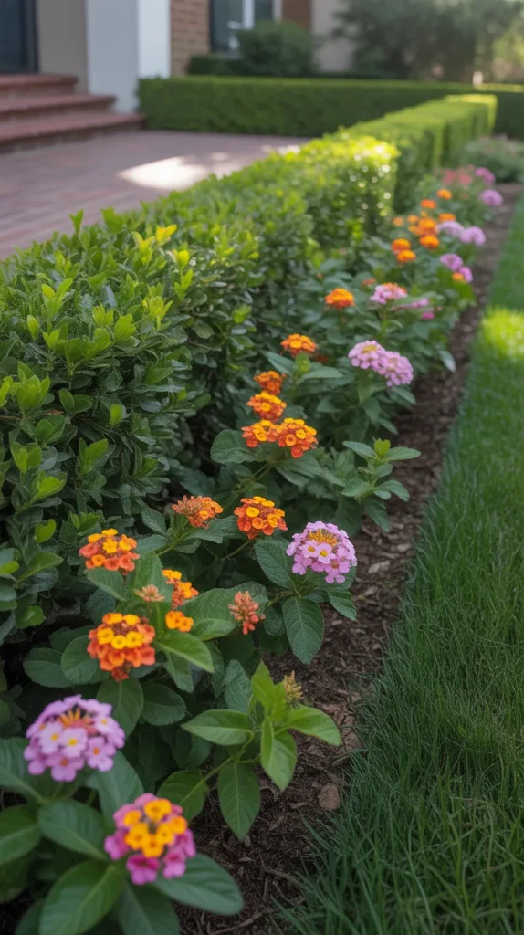 Install a low hedge such as dwarf boxwood along the front of your yard. In front of it, plant seasonal flowers like lantana or pentas. Keep the hedge trimmed for structure while letting flowers change with the seasons. This combo gives you order and color at the same time. It’s a great option if you want a tidy but lively front yard.