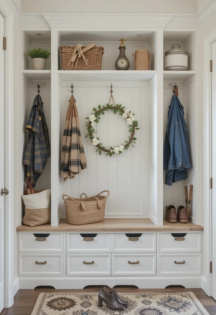 Built-ins give your entry a custom, finished look. Drawers underneath hide clutter while keeping essentials close by. Add beadboard backing for extra farmhouse character. This solution works beautifully in homes where organization is a daily challenge. Built-ins increase both home value and day-to-day functionality.

