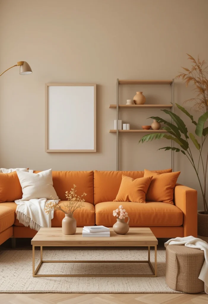 Orange Sofa + Warm Beige and Natural Wood
Layer warmth on warmth. Choose a beige or sand-toned wall color that complements the sofa’s undertone. Add a medium-tone wood coffee table and matching shelving for cohesion. Incorporate linen or cotton textiles in soft cream. Keep metals brushed and subtle.
This combination feels inviting because orange and beige share warm undertones, which creates harmony instead of contrast. It’s perfect if you want cozy modern rather than high contrast.