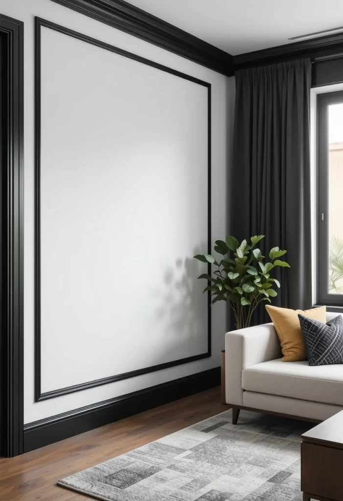 High-contrast walls remain a strong trend in modern living room design. Black wood trim against a white wall delivers striking visual impact while maintaining simplicity. The trim acts as framing, almost like built-in artwork. When styled with minimal décor, the wall becomes the focal point. This approach works beautifully in contemporary and industrial interiors.