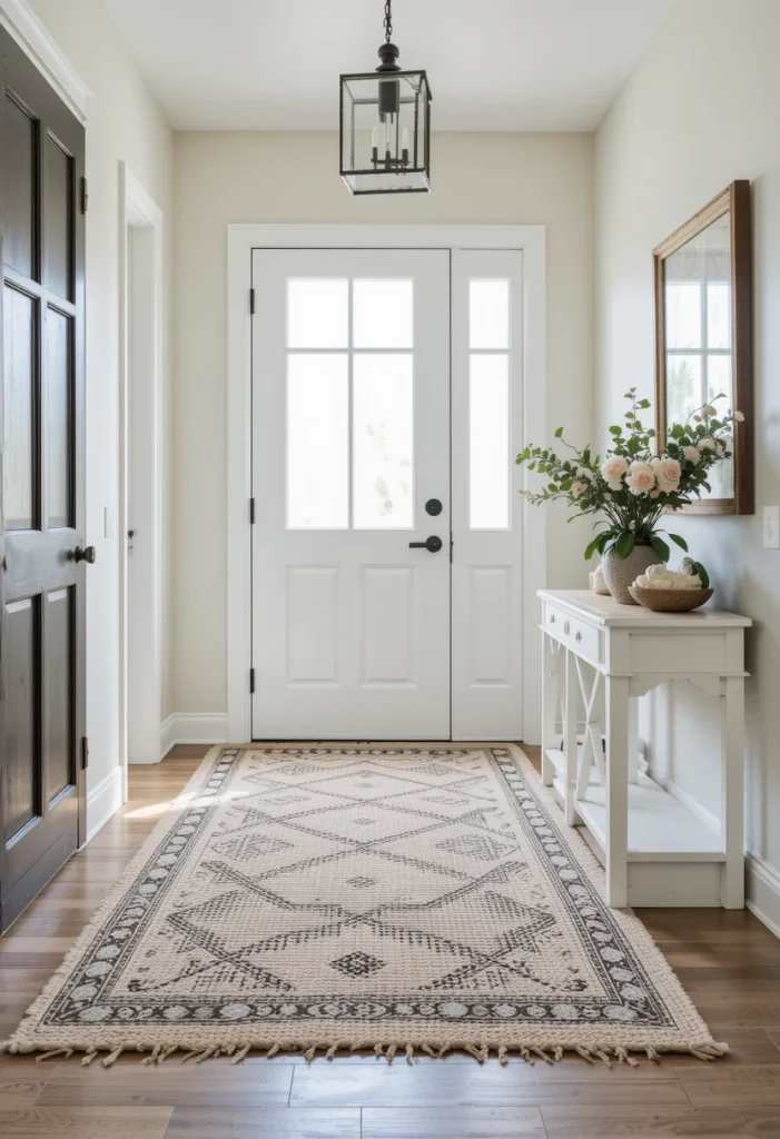 Layering a small patterned rug over a larger jute rug instantly adds dimension. Farmhouse style thrives on texture, and this is an easy way to achieve it. The layered look also protects high-traffic floors from wear and tear. Choose muted tones like beige, soft gray, or faded blue to keep things cohesive. Layered rugs create warmth and visual interest without overwhelming the entry.