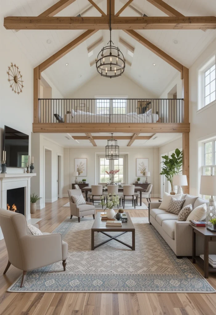 An open floor plan demands color discipline. Choose a base palette—like warm whites, earthy neutrals, or soft greige—and repeat it across the entire space. Accent colors can vary slightly but should complement each other. This prevents the home from feeling visually chaotic. Consistency is what makes large spaces feel calm.