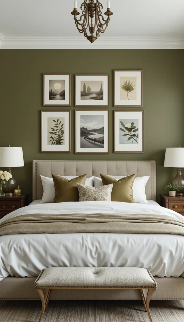 Instead of painting large areas, incorporate olive through artwork. Framed prints with olive tones create cohesion without commitment. A gallery wall above the bed draws the eye upward. It’s a renter-friendly way to embrace color. Art allows flexibility while maintaining a curated aesthetic.