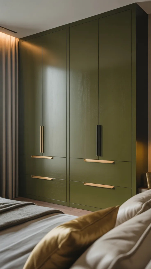 If your apartment includes built-ins, consider painting the wardrobe doors olive green. This makes storage feel integrated and stylish rather than bulky. Pair with sleek handles for a polished look. It’s a subtle but impactful design move. Color can transform functional features into statement pieces.