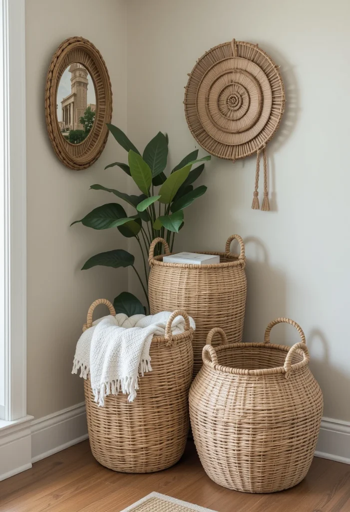 Group three baskets of varying heights in one corner for a layered effect. Use one for blankets, one for magazines, and one purely decorative. Varying textures—like water hyacinth, wicker, and cotton rope—adds dimension. This styling trick works well in larger living rooms that need visual weight in empty corners. Layering prevents the space from feeling flat.