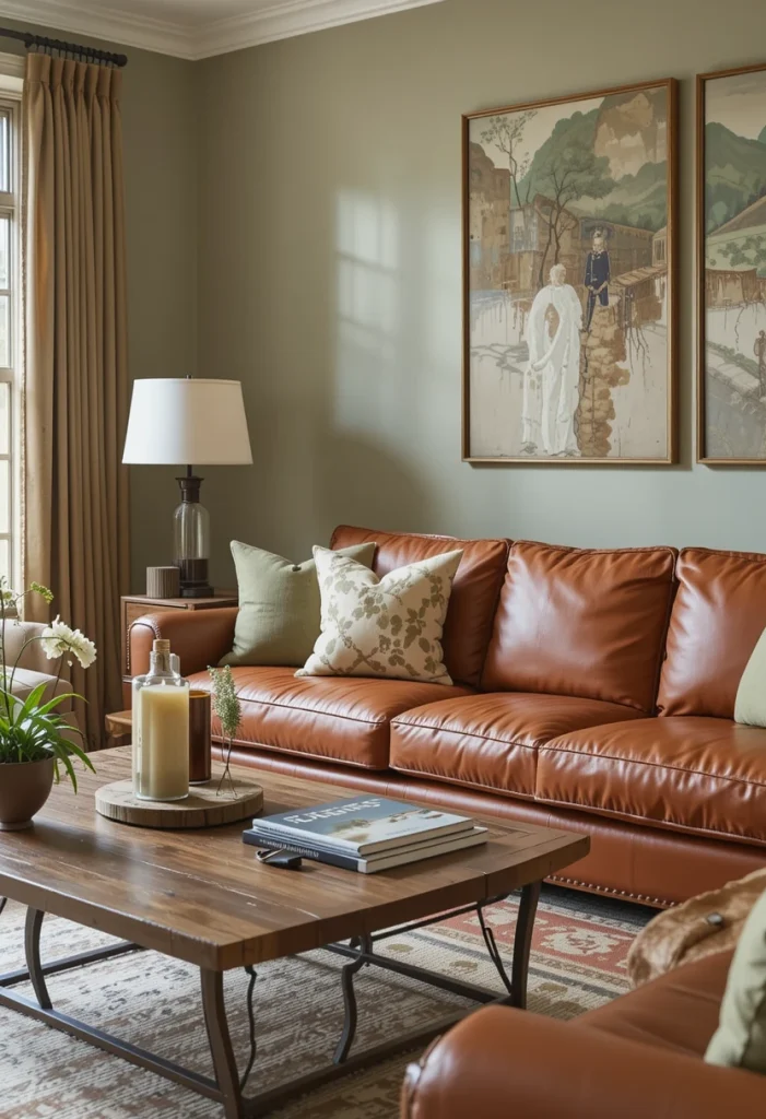 Terracotta Leather Sofa with Olive Linen Pillows