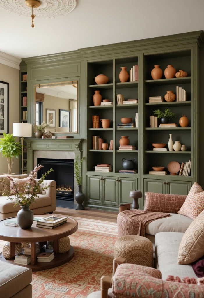 Olive Built-In Shelves with Terracotta Decor