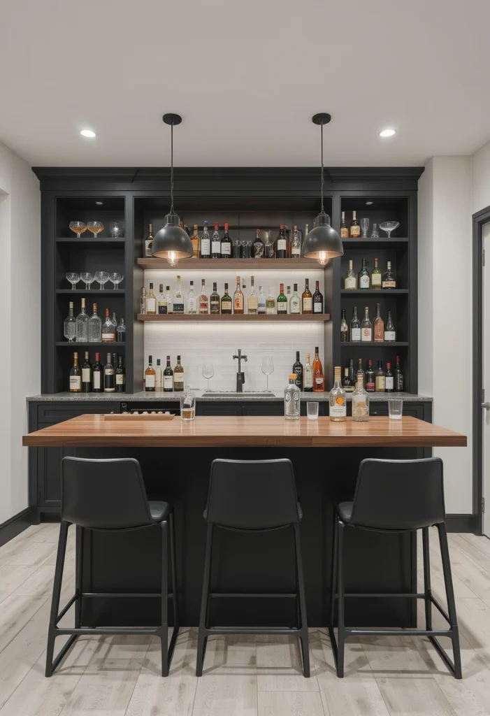 Minimalist Black and Walnut Bar Island