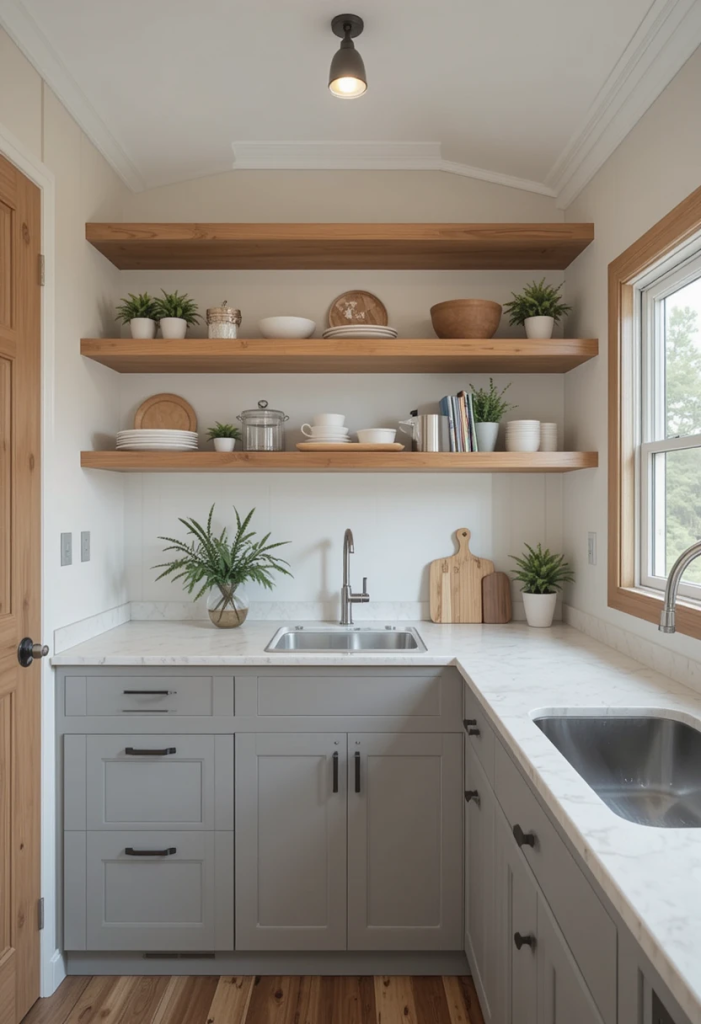 Taupe Cabinets with Open Wood Shelving