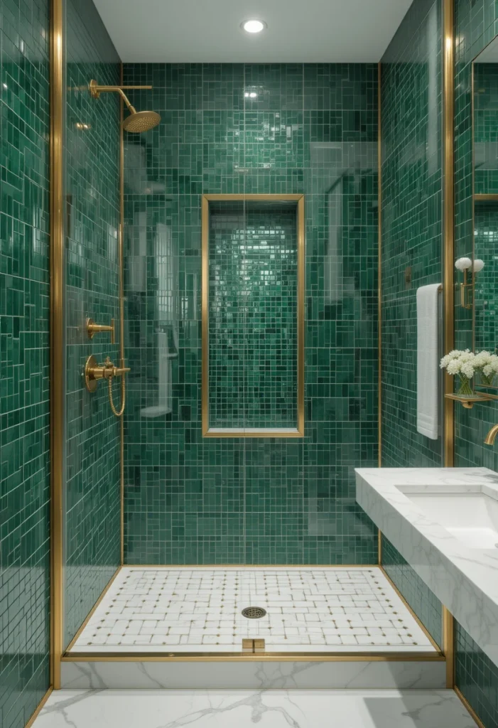 Emerald Mosaic Shower with Gold Trim