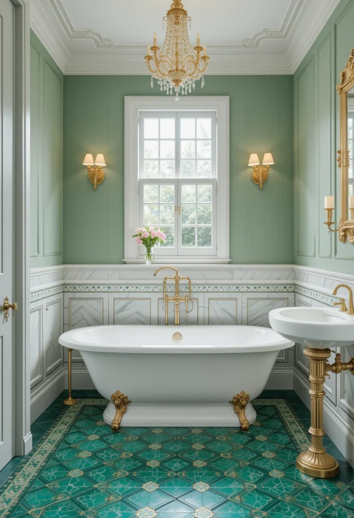 Emerald Green Floor Tiles with Gold Accents