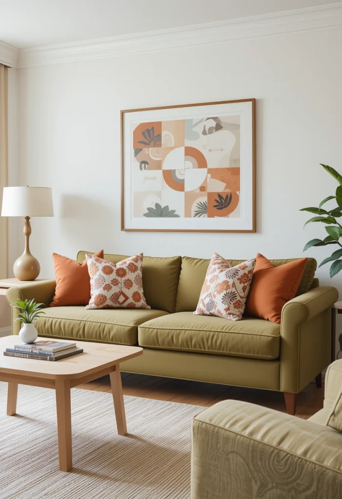 Olive Green Sofa with Terracotta Accent Pillows