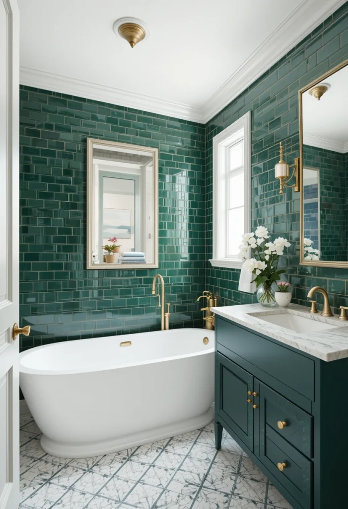 Emerald Tile Accent Wall with Gold Fixtures