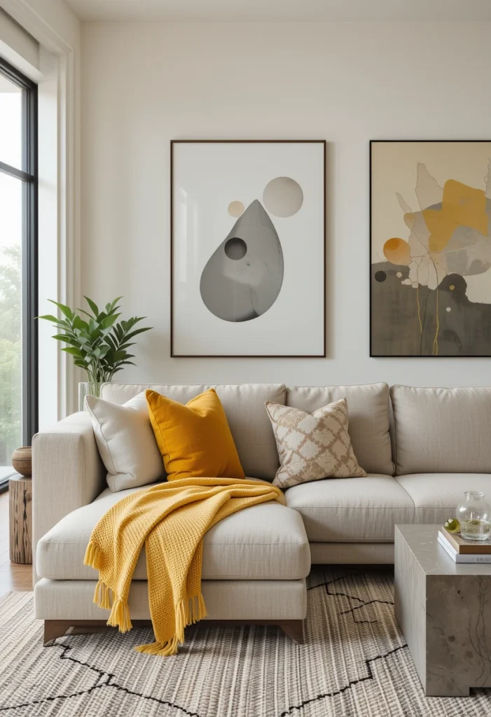 Neutral Sectional with Yellow Throw Blanket