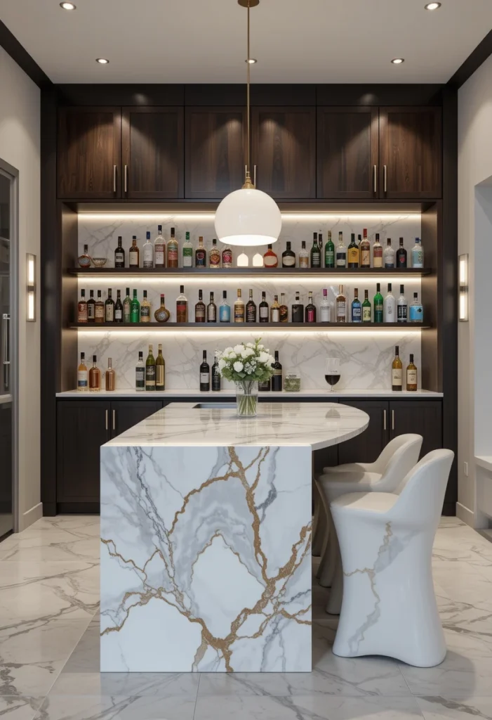 Marble Statement Island With Sculptural Stools