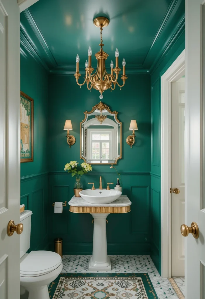 Emerald Ceiling with Gold Light Fixture
