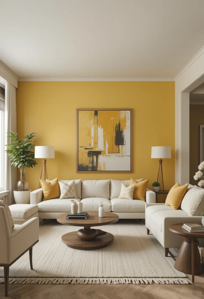 Yellow Accent Wall with Neutral Furniture
