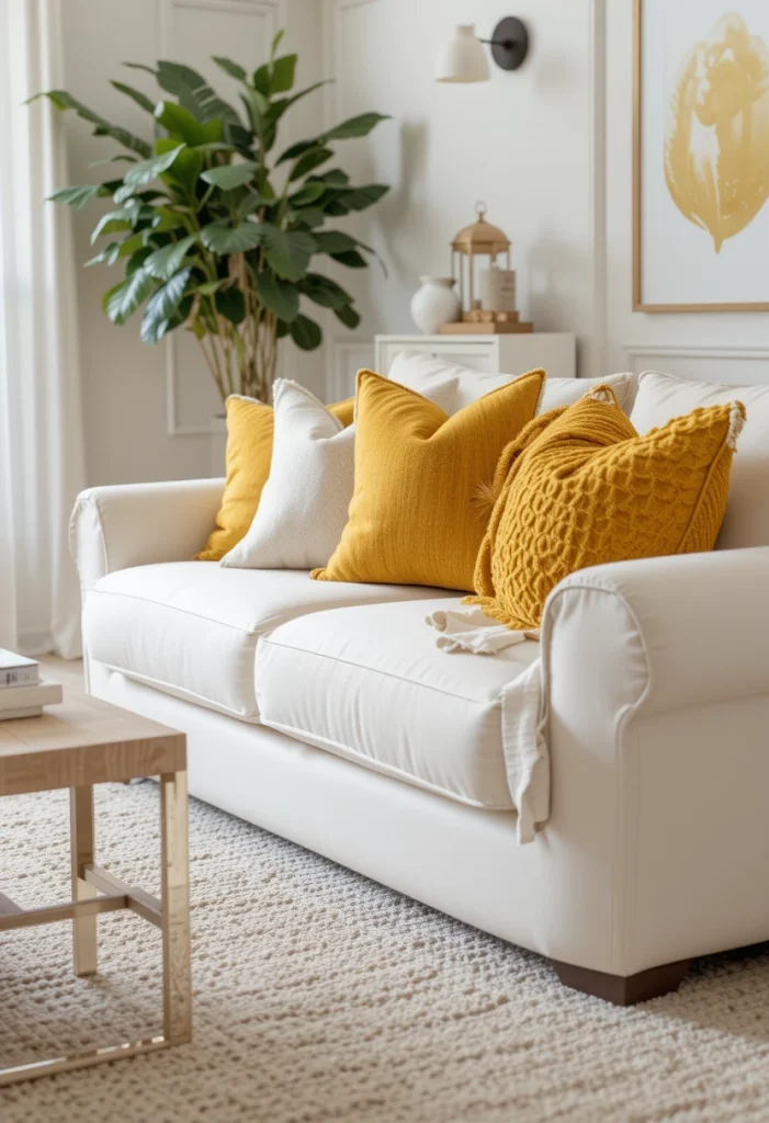 Cream Sofa with Mustard Yellow Pillows
