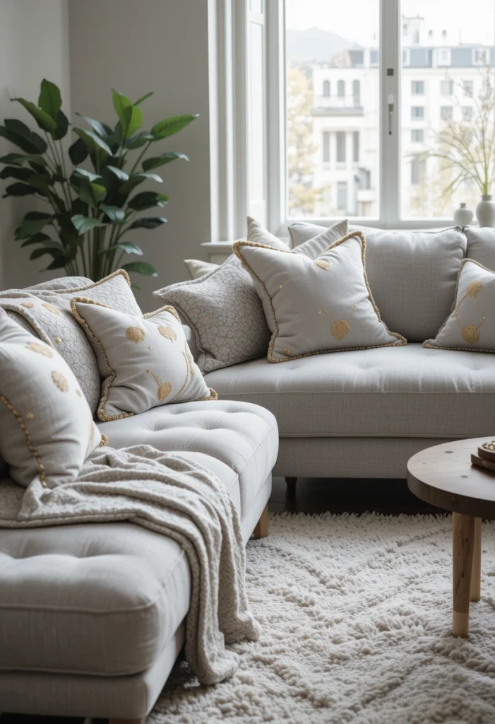 Layered Grey Textiles with Gold Details