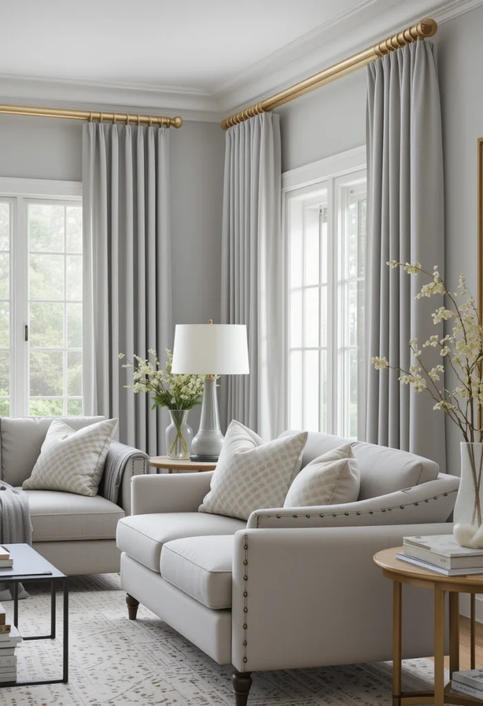 Grey Curtains with Gold Hardware