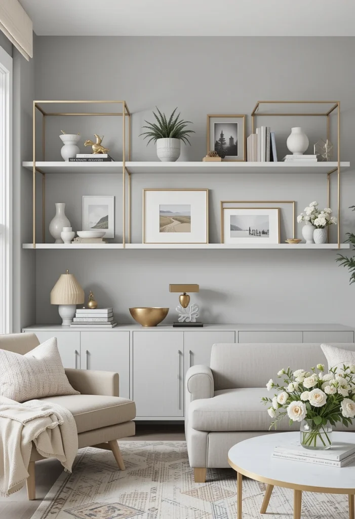 Gold Shelving Against Grey Backdrop