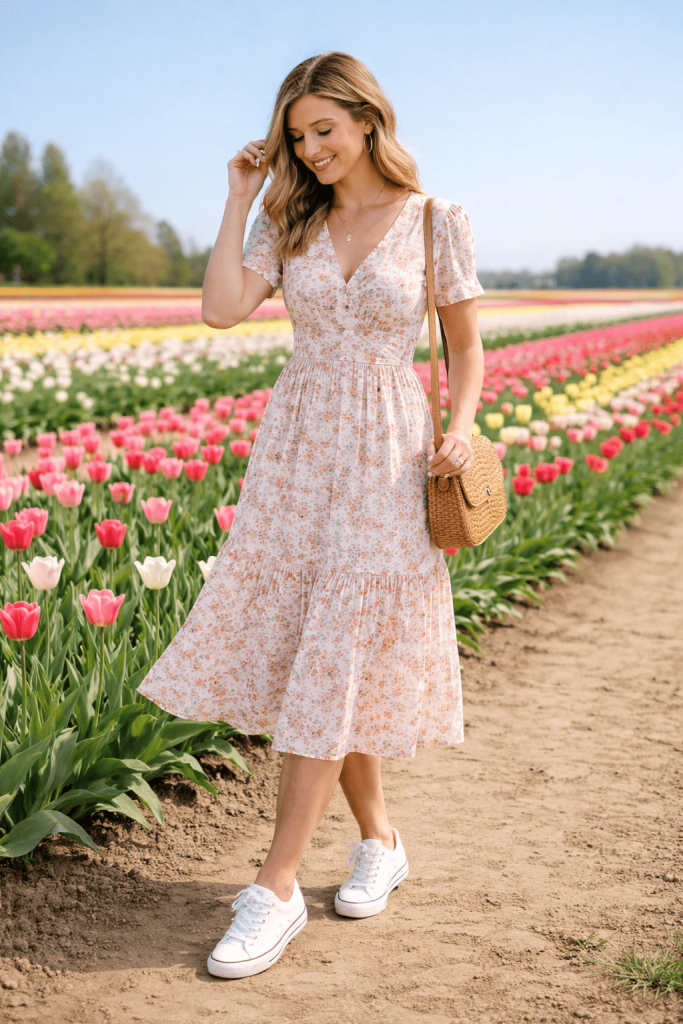 Floral Midi Dress + Sneakers