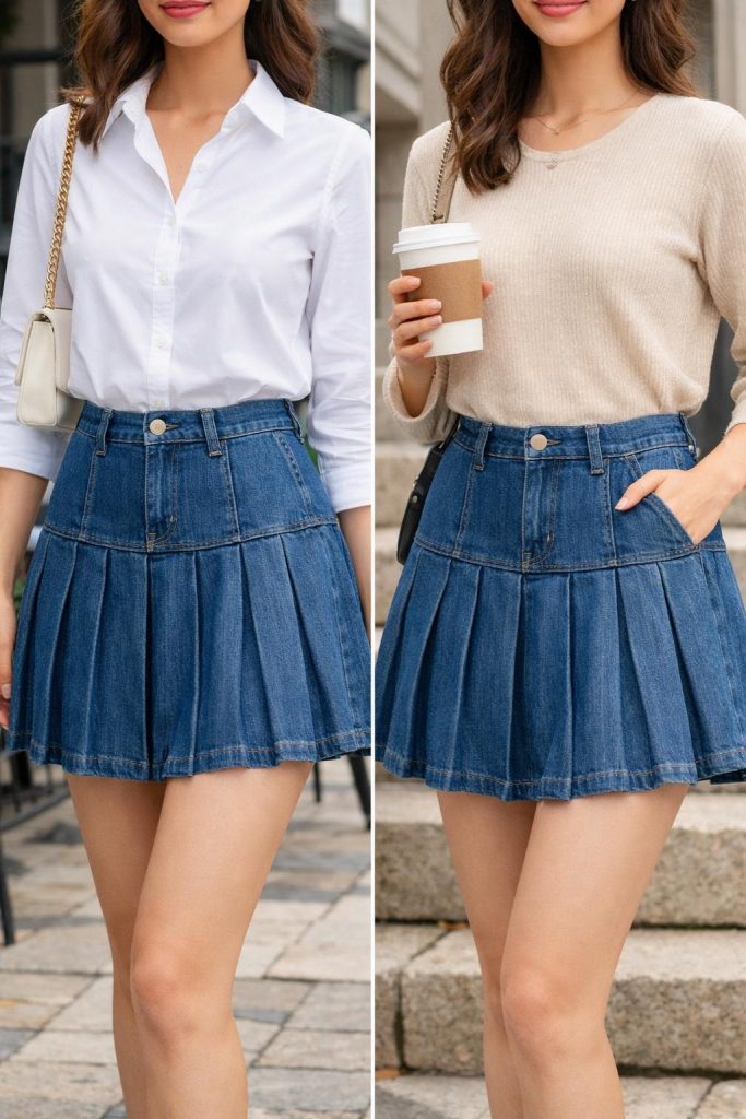 Pleated Denim Skirt